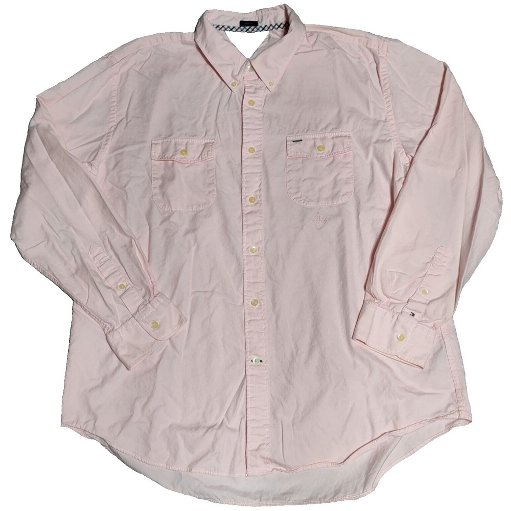 TOMMY HILFIGER TRIM FIT Men XL Pink Cotton Embroidered Crest Shirt